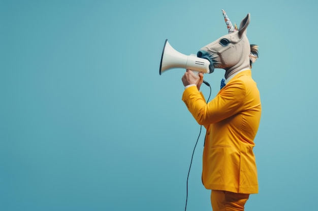 Photo man in horse head mask yells with megaphone in suit