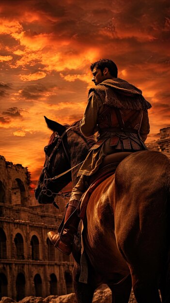 Photo a man on a horse is riding a horse in front of an ancient roman structure