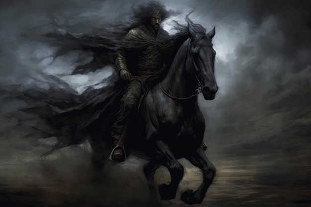 Photo a man on a horse with a black cloak on his head.