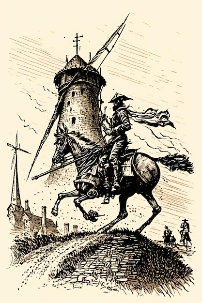 A man on a horse with a cape on his back rides a windmill.