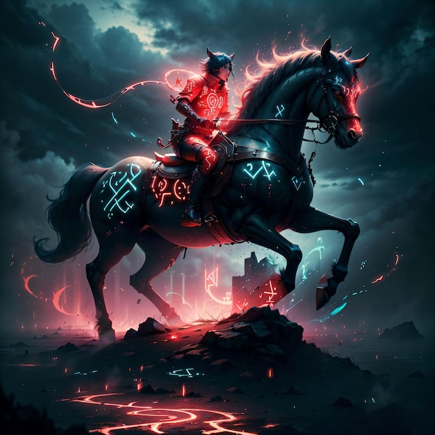 A man on a horse with glowing runes