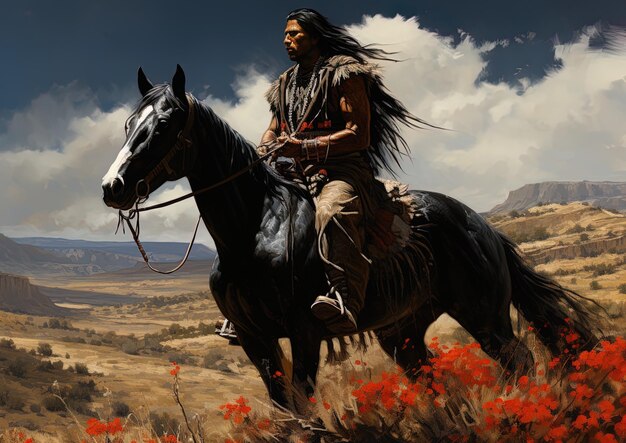 Photo a man on a horse with a long black mane and a white horse with a long black mane