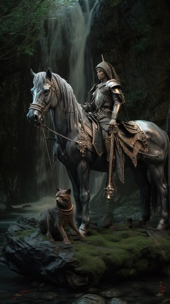 Photo a man on a horse with a sword and a dog