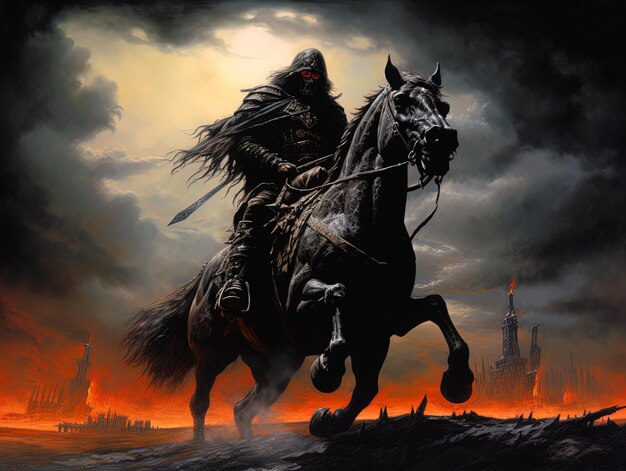 a man on a horse with a sword on his head is riding a horse