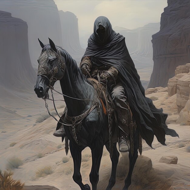 a man on a horse with a sword and a horse in the background