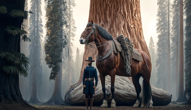 Человек верхом на лошади в лесу с привидениями, фотография, созданная искусственным интеллектом