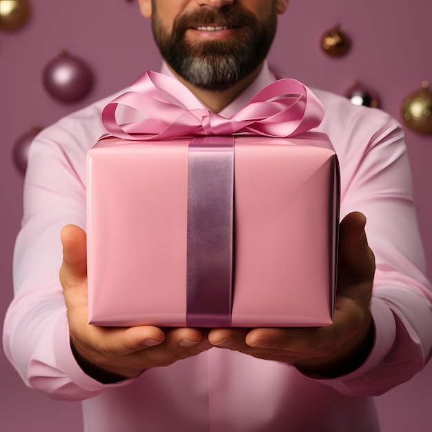 Man houdt een roze geschenkdoos op een roze achtergrond