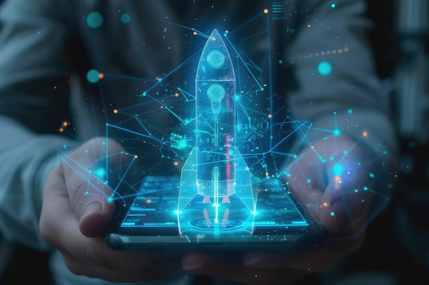 man houdt een telefoon vast met een hologram van een raket die opstijgt orthogonaal model van een raket