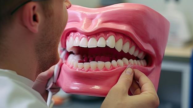 Man houdt valse tand in hand Tandheelkundig accessoire Wereldgezondheidsdag