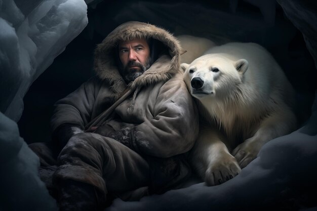 Photo man huddled in a snowcovered cave embraced by a family of polar bear generative ai