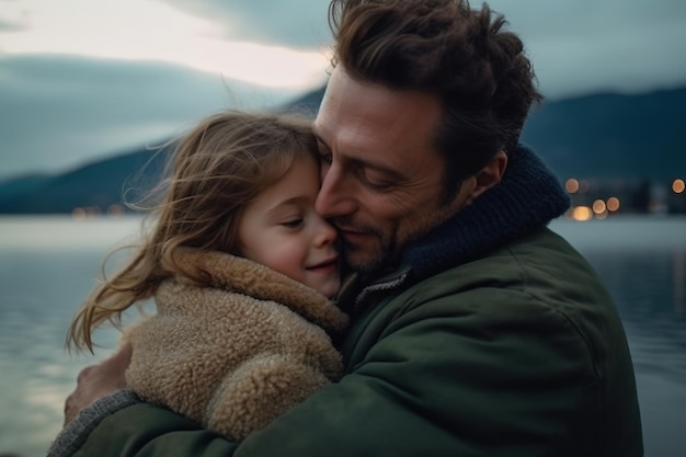 A man hugging a child with the word love on the front