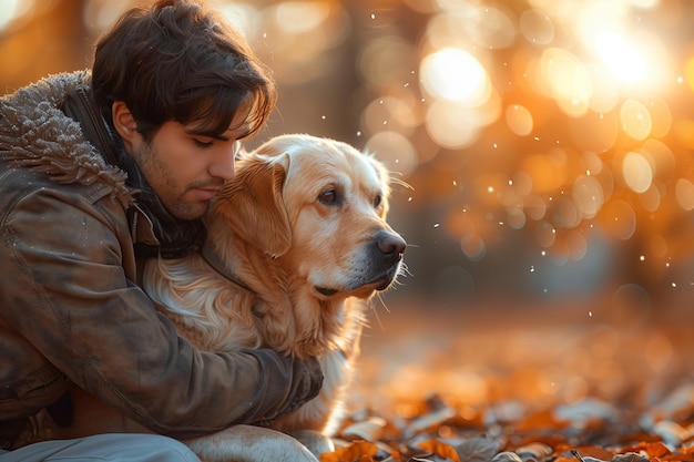 Photo a man hugging a dog closeup pose of a dog