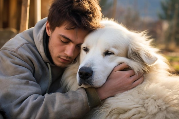 首に腕を回して犬を抱きしめる男性。