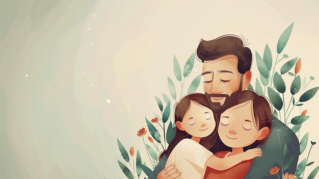 A man hugging his children on a light background