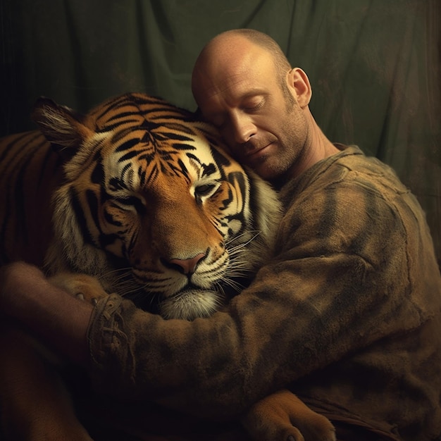 シャツの上にいるトラを抱き締める男性