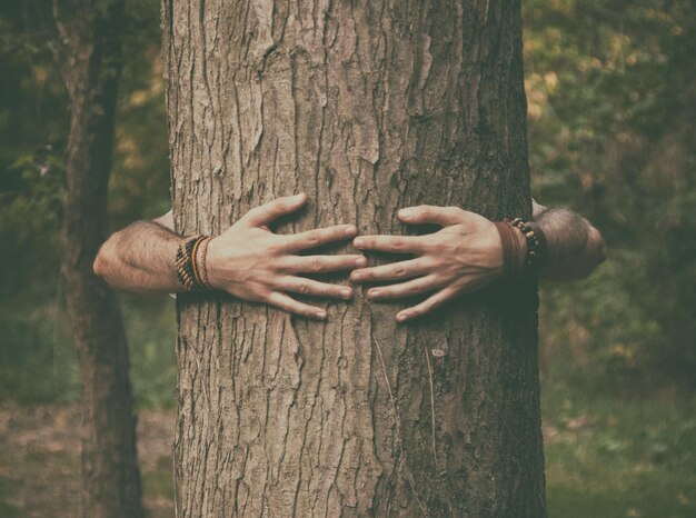 Foto uomo che abbraccia il tronco di un albero