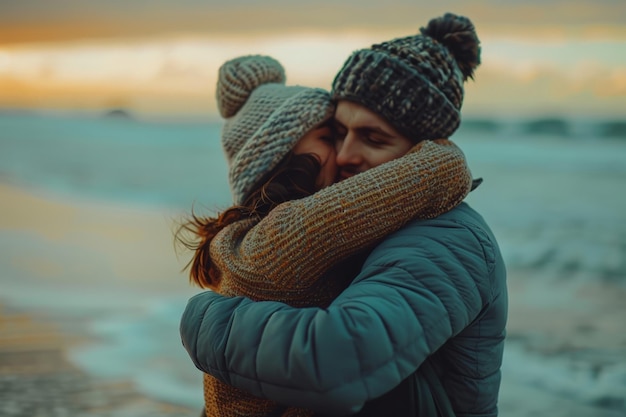 Man Hugging Woman on Beach