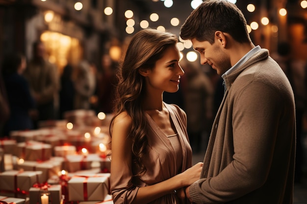 A man hugging a woman wishing her Merry Christmas and handing her a gift a festive shining background Generation AI