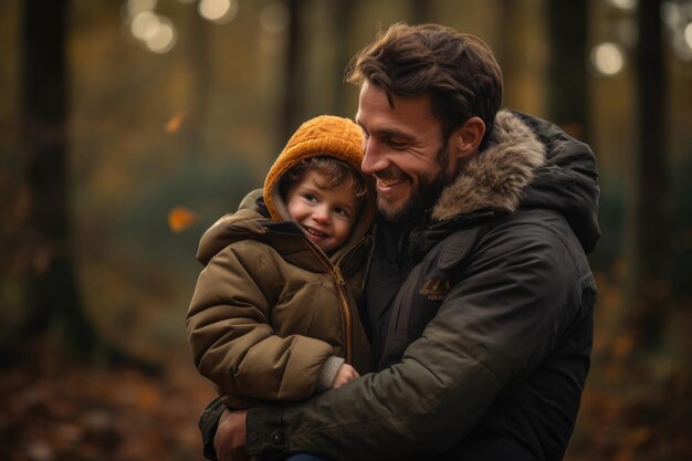 A man hugs a child at sunset