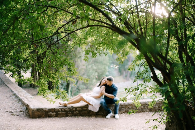 L'uomo abbraccia la donna mentre è seduto sul bordo di pietra nel parco verde