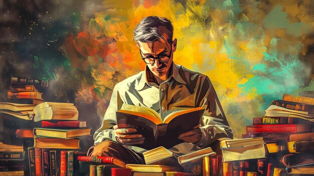 Man immersed in literature against a colorful backdrop