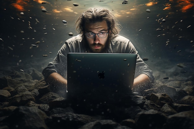 man immersed in using a laptop