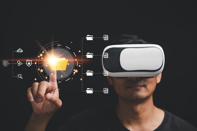 Man immersed in virtual reality with global internet connection exploring the vast possibilities of metaverse concept of efficient document management system DMS in virtual world Future technology