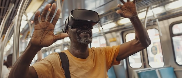 Foto uomo immerso in un mondo virtuale con cuffie vr in un vibrante tram della città