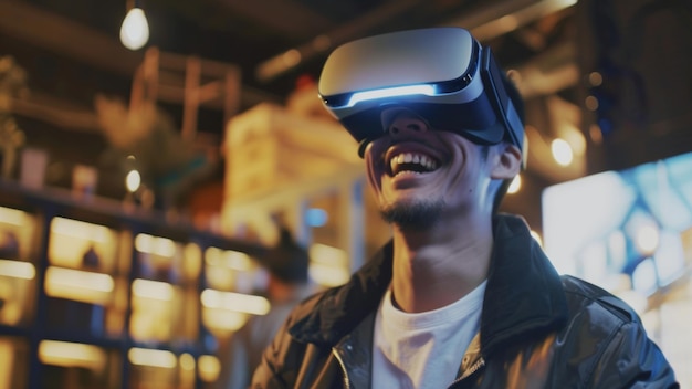 Man immersed in a VR experience laughing in a vibrant indoor setting