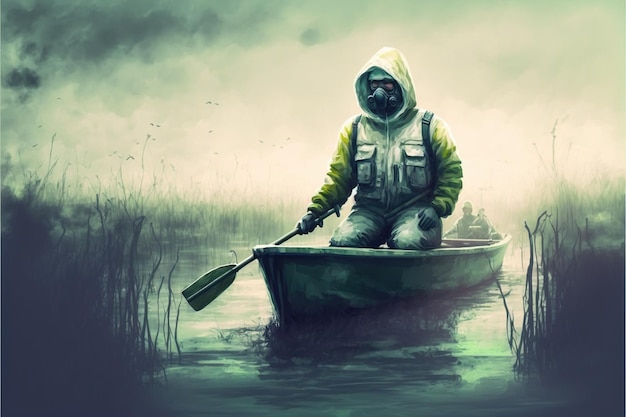 写真 毒沼でボートを漕ぐ保護服を着た男 デジタル アート スタイル イラスト 絵画 ボートに乗った男のファンタジー イラスト