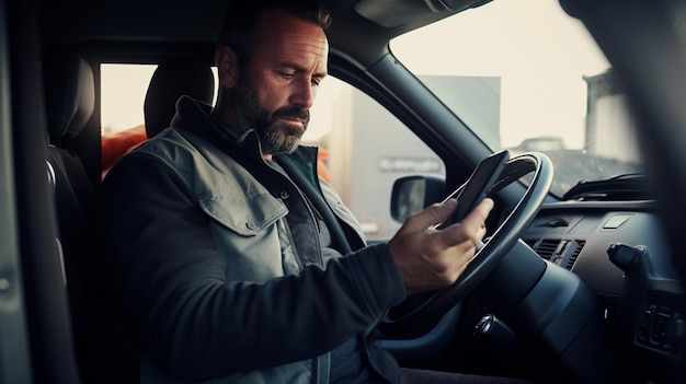 man in auto met smartphone mannelijke bestuurder in auto mannelijke bestuurder met smartphone