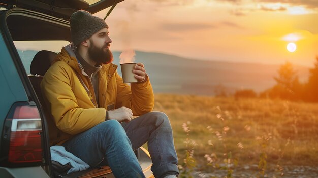 Man in Beanie geniet van zonsondergang uit de kofferbak van de auto, drinkt warme dranken, ontspanningsconcept in de buitenlucht met warme kleuren AI