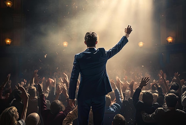 Foto man in blauw pak staat naast een publiek en steekt zijn armen omhoog