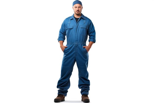 Man in blauwe jumpsuit met zijn handen op zijn heupen.