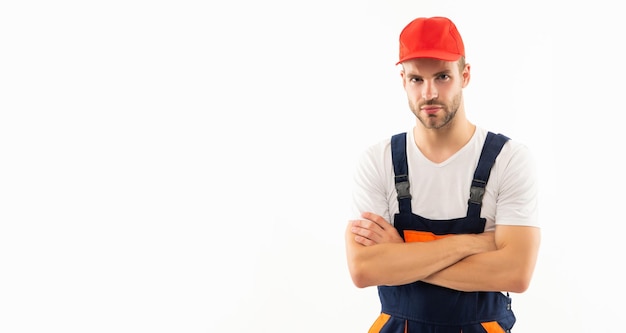 Man in bouwer uniform geïsoleerd op witte achtergrond kopie ruimte bouwer