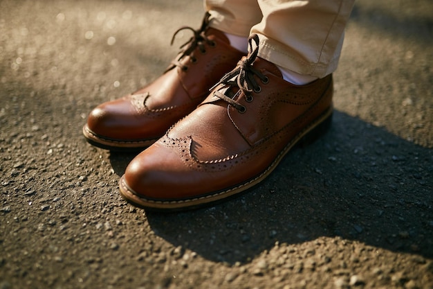 man in bruine schoenen close-up foto van benen bruidegom in bruine schoenen close-up foto van benen