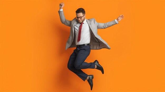 Man in casual kantoor stijl kleding springen en dansen geïsoleerd op helder oranje