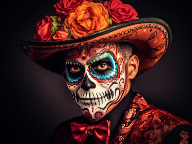 man in Day of the Dead make-up met speelse pose