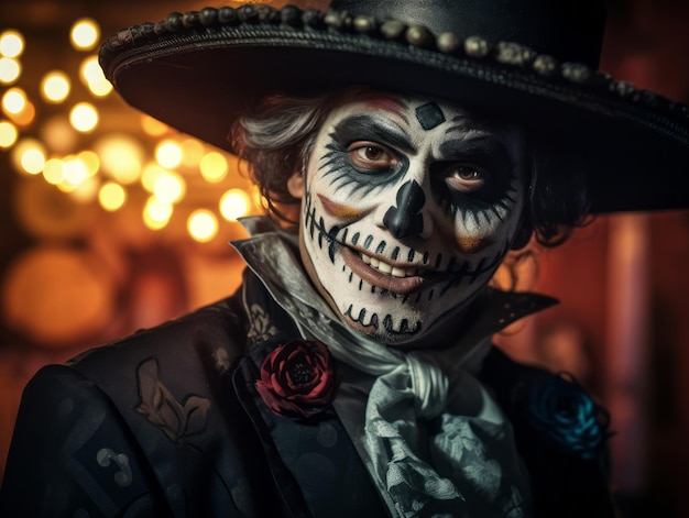 man in Day of the Dead make-up met speelse pose