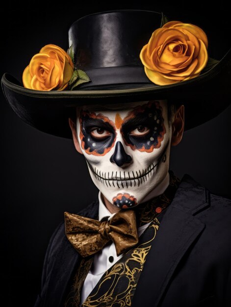 man in Day of the Dead make-up met speelse pose