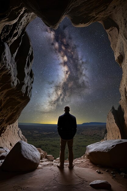 Foto man in de grot kijkt uit naar het universum