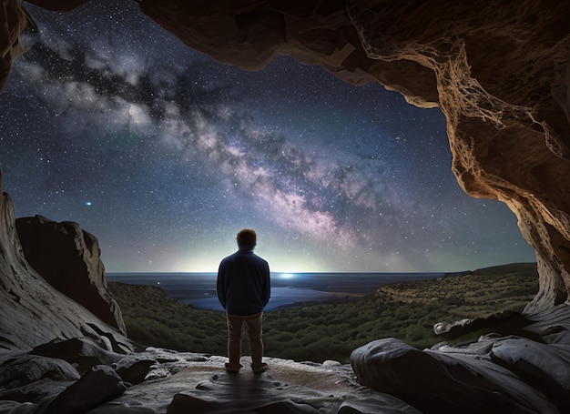 Foto man in de grot kijkt uit naar het universum