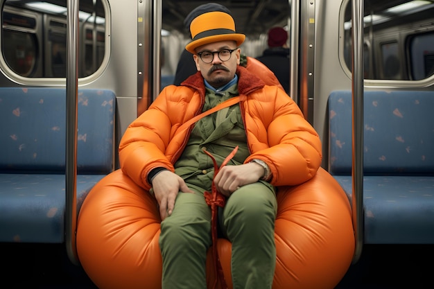 Man in de metro van New York City in absurde mode met bijpassende oranje bretels en een reus