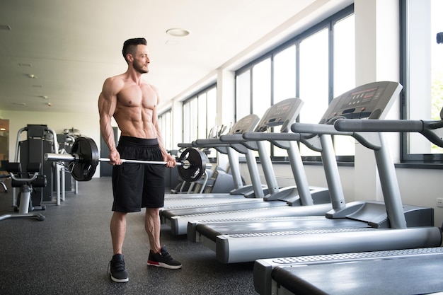 Man in de sportschool die biceps traint met barbell