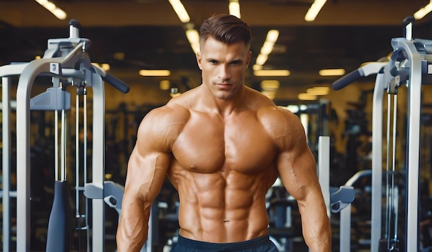 Foto man in de sportschool die machines gebruikt om te trainen