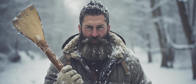 man in de winter met een bijl