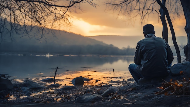 Foto man in depressie buiten man met frustratie eenzaamheid concept emotionele burn-out