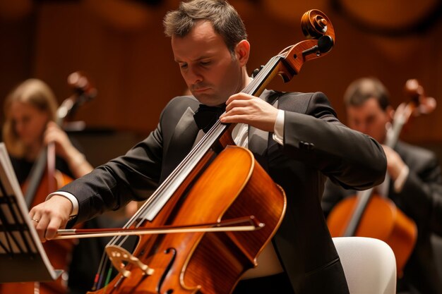 Man in dinerjas die cello speelt in een eerbiedig ensemble