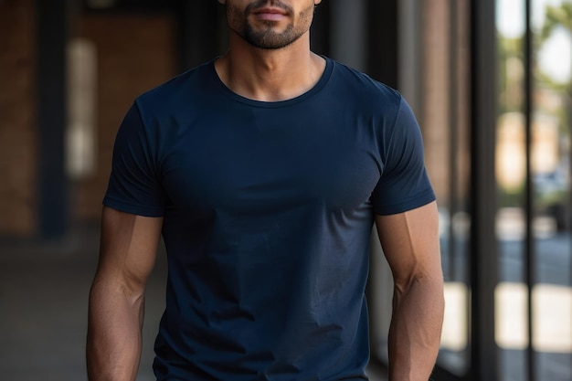 Man in donkerblauw T-shirt