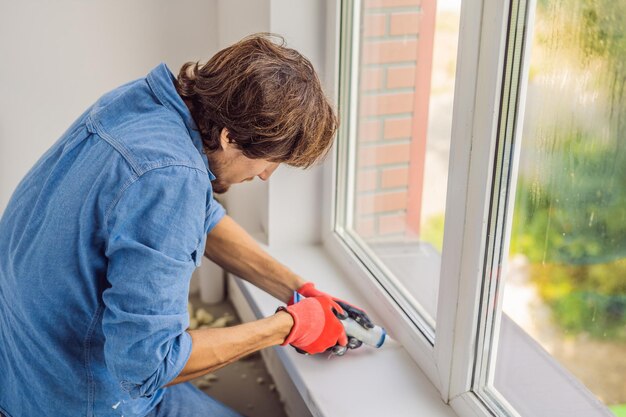 Man in een blauw shirt doet raaminstallatie.